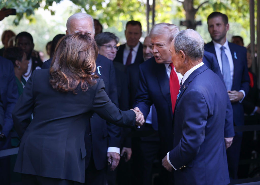 Vice President Kamala Harris greets former President Donald Trump at a ceremony in New York City marking 23 years since the 9/11 terrorist attack.