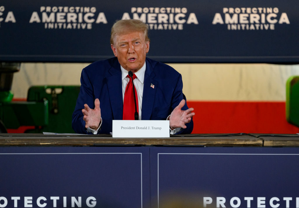 Republican presidential nominee and former President Donald Trump speaks at a campaign event on food security in Smithton, Pa., on Monday. He was in Georgia on Tuesday. 