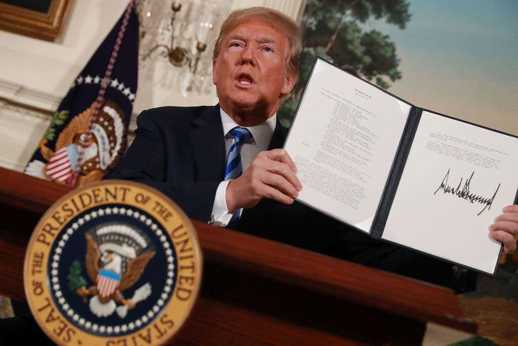 President Donald Trump announces withdrawal from the Iran nuclear agreement in 2018.