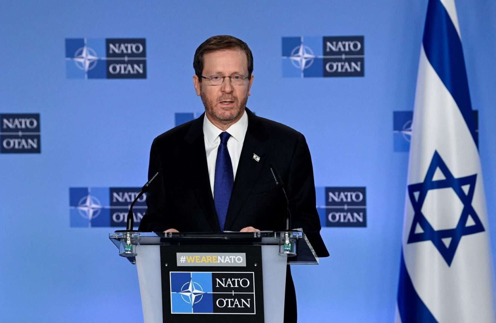 Israeli President Isaac Herzog delivers a speech at NATO Headquarters in Brussels on Jan. 26.