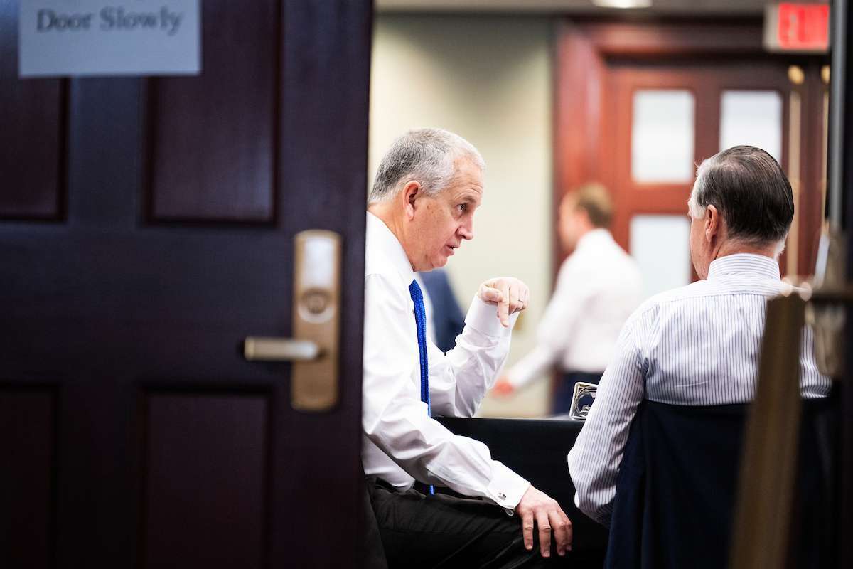 Reps. Mario Diaz-Balart, R-Fla., left, and Tom Cole, R-Okla., talk during a House Republican Steering Committee meeting on Jan. 11. 