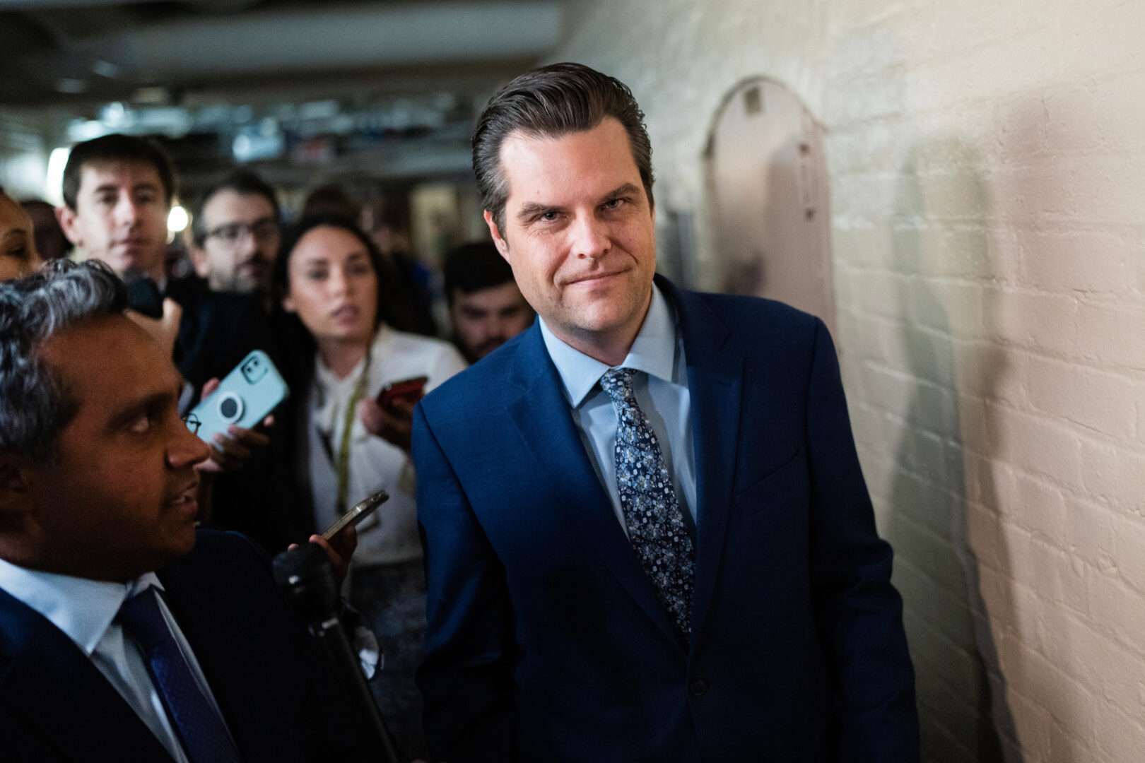 Florida Republican Rep. Matt Gaetz talks with reporters Tuesday morning in the Capitol.