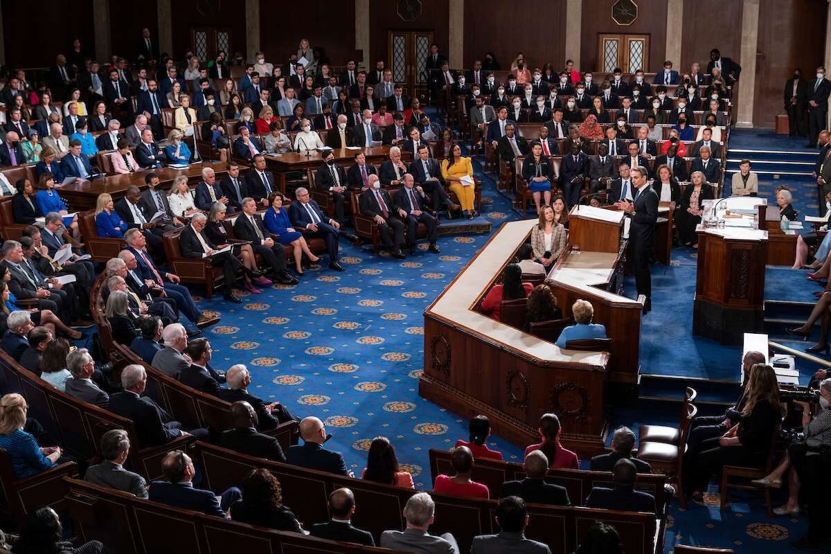 Greek Prime Minister Kyriakos Mitsotakis addresses a joint session of Congress on Tuesday.