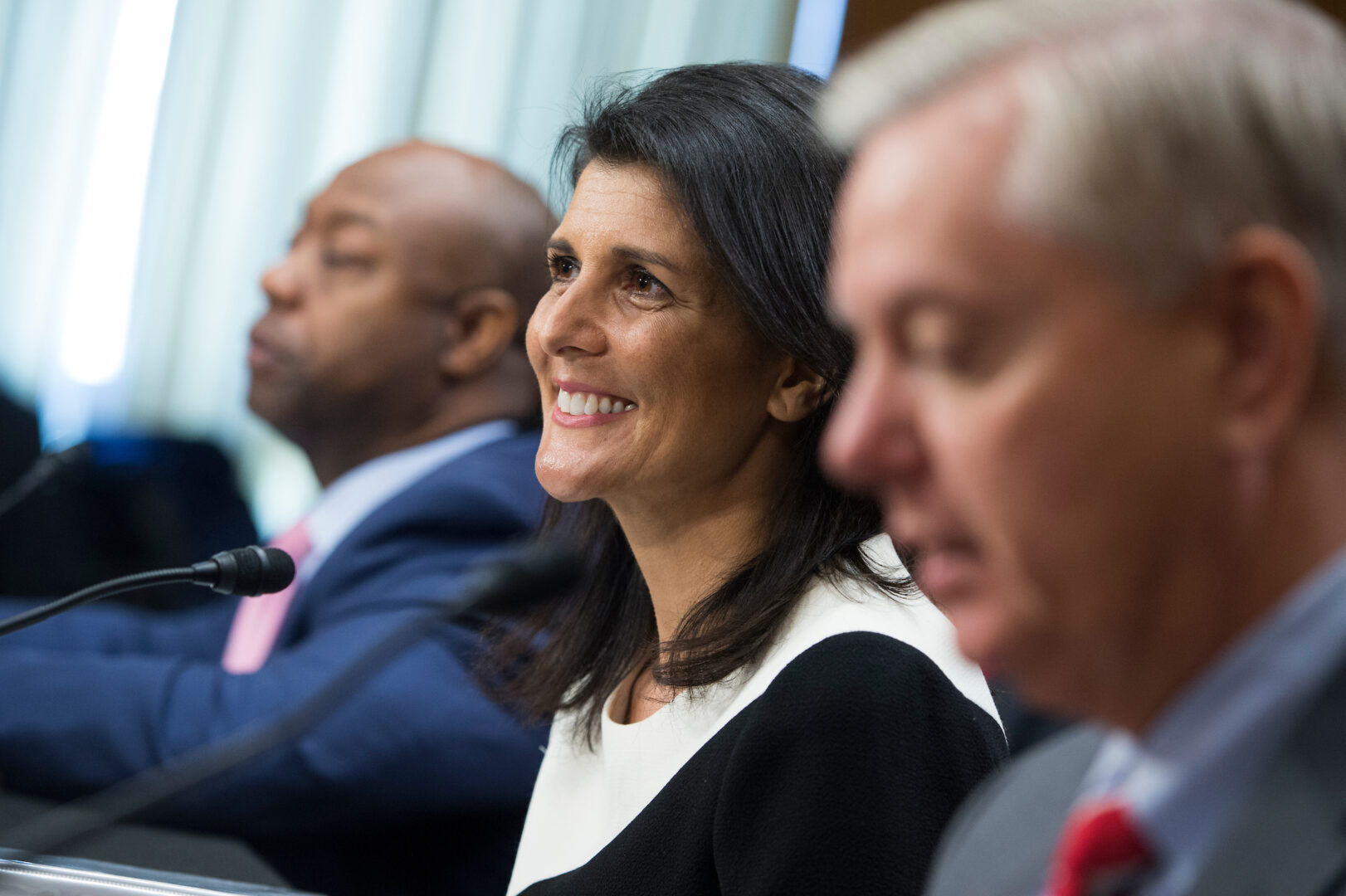 Former South Carolina Gov. Nikki Haley, center, at her 2017 confirmation hearing to be ambassador to the United Nations with two others who have run against Donald Trump for the Republican presidential nomination, South Carolina Sens. Tim Scott, left, and Lindsey Graham. 