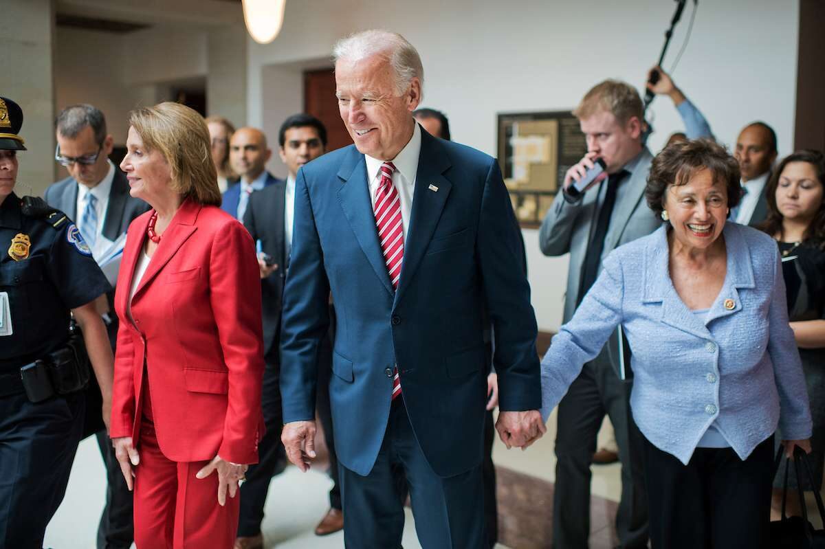 On July 15, 2015, then House Minority Leader Nancy Pelosi, D-Calif., Vice President Joe Biden and Rep. Nita M. Lowey, D-N.Y., leave a meeting with House Democrats where Biden briefed the members on the nuclear deal with Iran. 