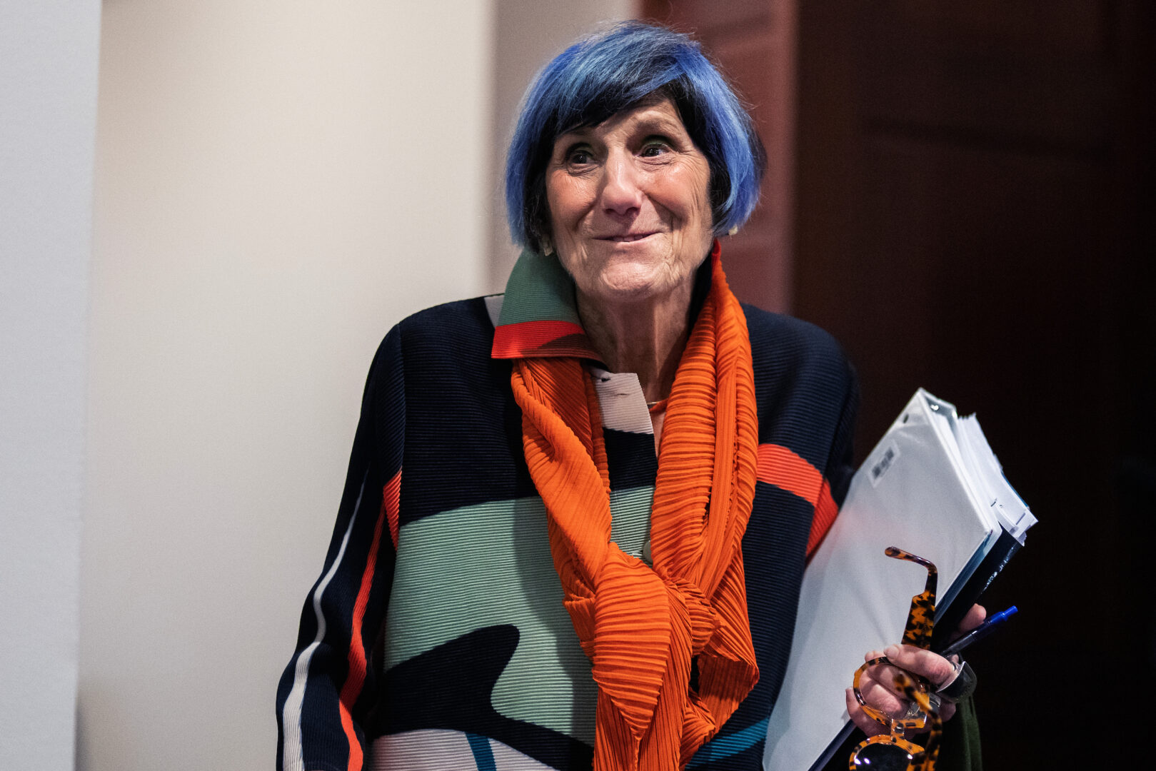 Rep. Rosa DeLauro, D-Conn., arrives for a House Democratic Caucus meeting in the Capitol Visitor Center on July 23. 