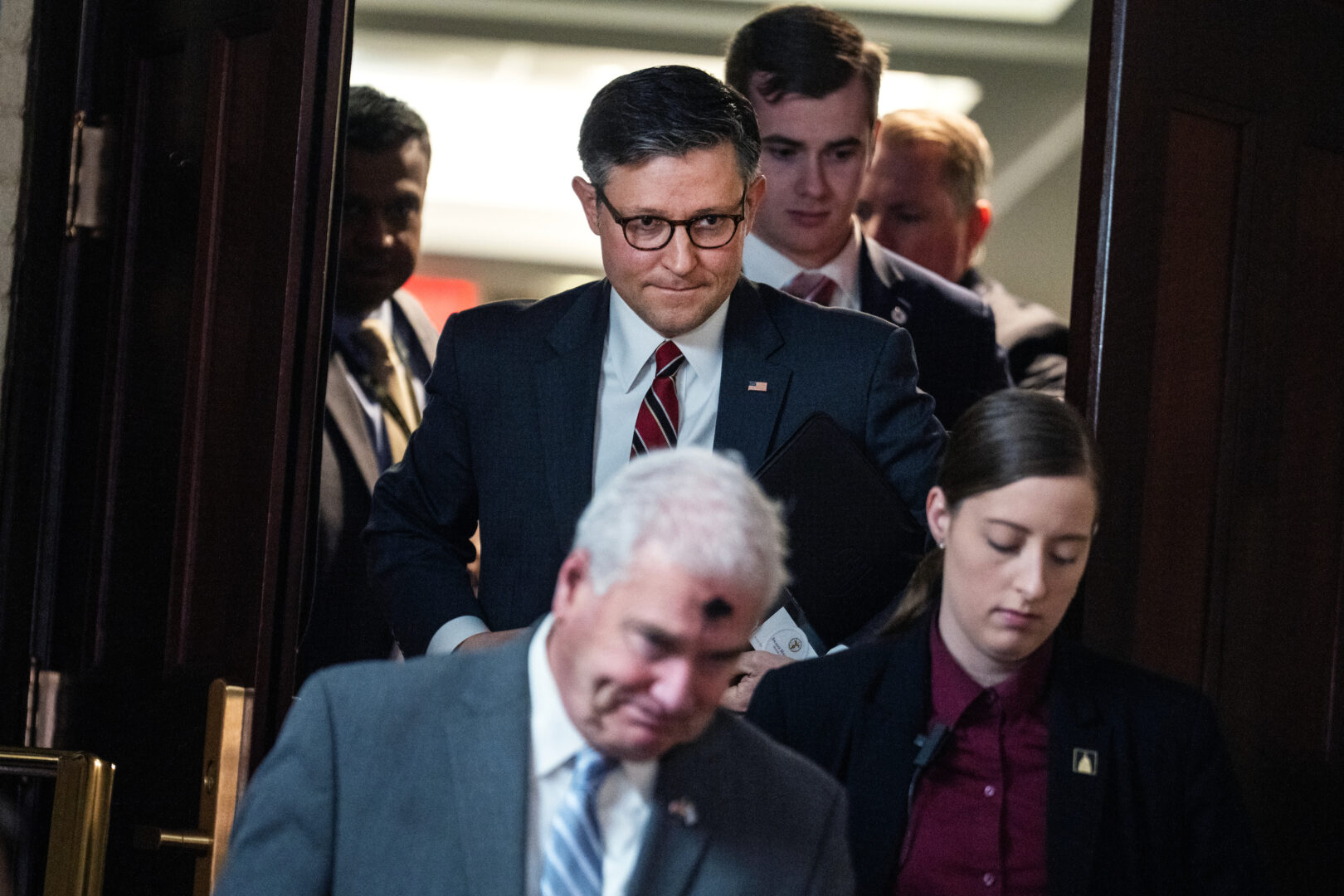 Speaker Mike Johnson, R-La., leaves a meeting of the House Republican Conference in the Capitol on Feb. 14.