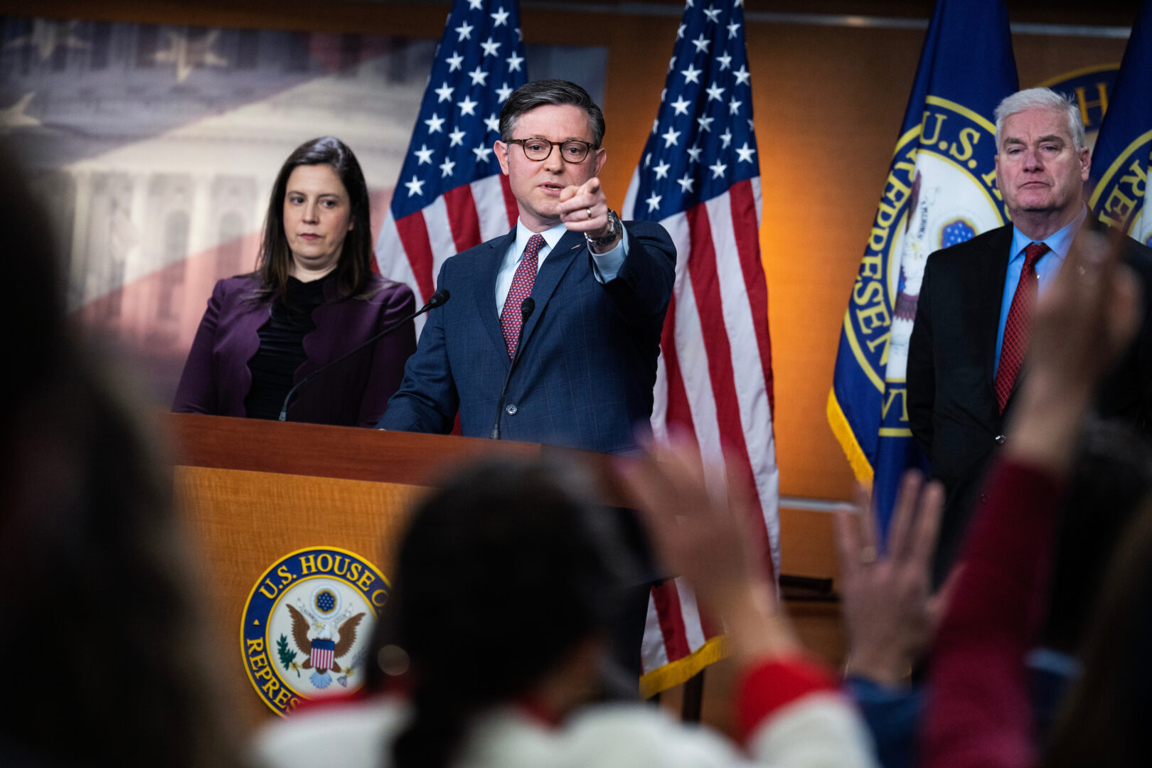 Speaker Mike Johnson, R-La., House Majority Whip Tom Emmer, R-Minn., and House Republican Conference Chair Elise Stefanik, R-N.Y., discuss border security at a news conference after a House Republican Conference meeting on Jan. 30. 