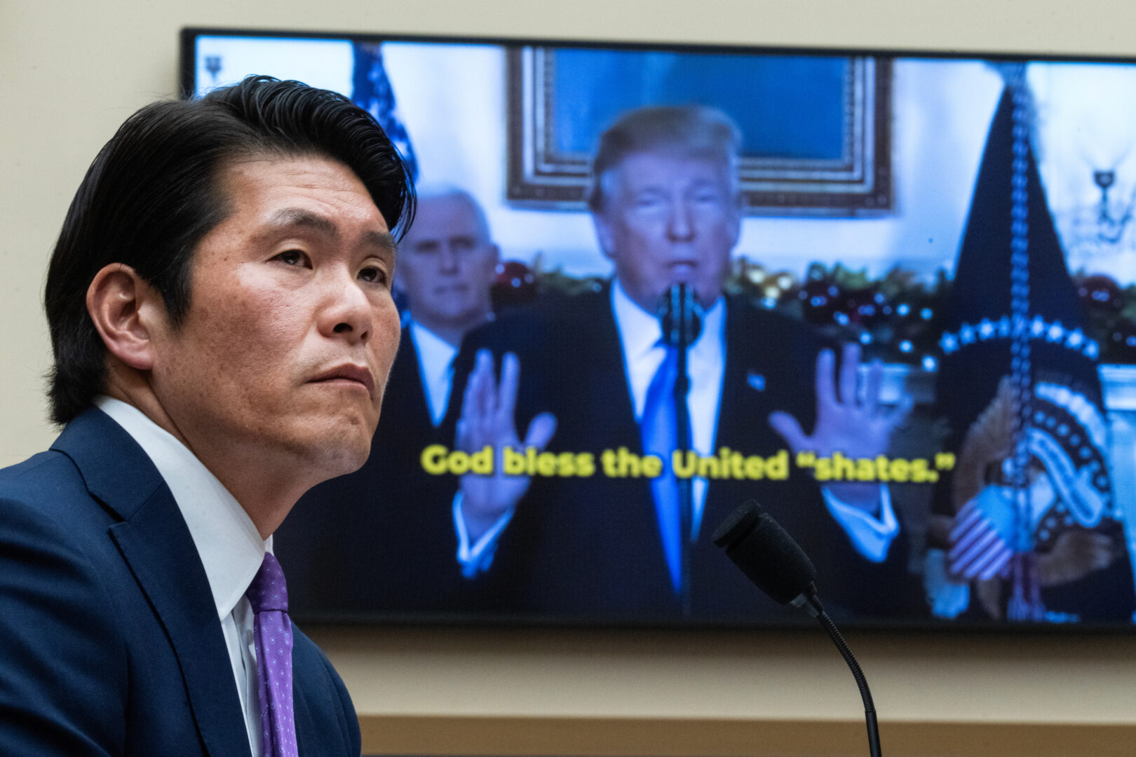 Former Department of Justice Special Counsel Robert K. Hur watches a video of former President Donald Trump during a House Judiciary Committee hearing on Tuesday about his report on President Joe Biden’s retention of classified materials.