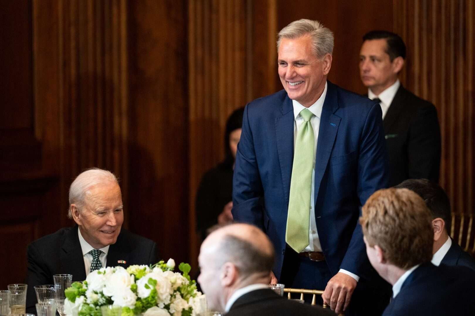 President Joe Biden and Speaker Kevin McCarthy, R-Calif., at the annual Friends of Ireland luncheon in the Rayburn Room of the Capitol on Friday. 