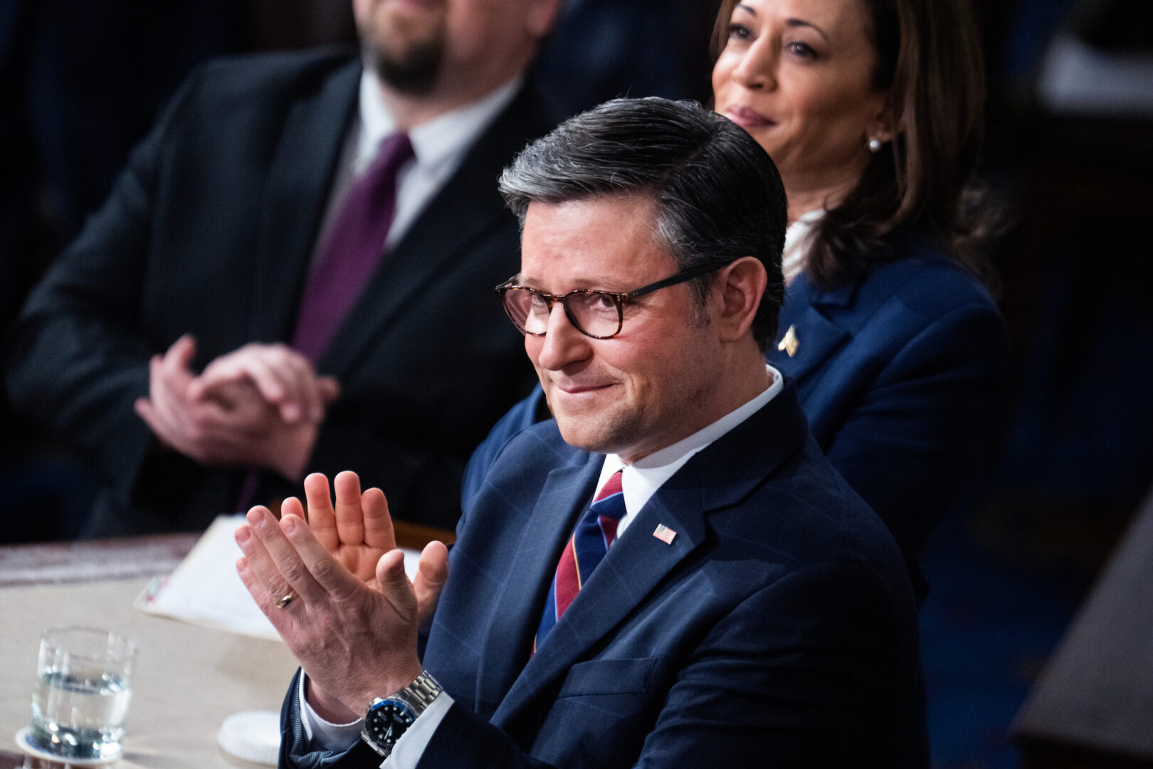 House Republicans finished off their July by adopting a resolution condemning Vice President Kamala Harris’ handling of the southern border. Above, Speaker Mike Johnson and Harris are seen in April. 