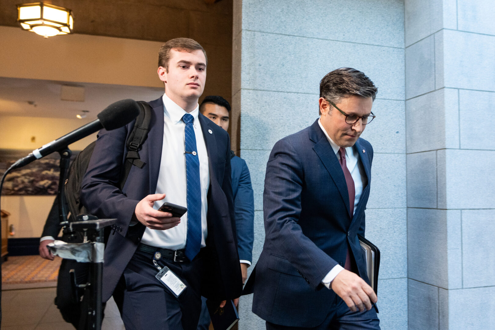 Speaker Mike Johnson, R-La., arrives for the House Republican Conference meeting in the Capitol on Wednesday.