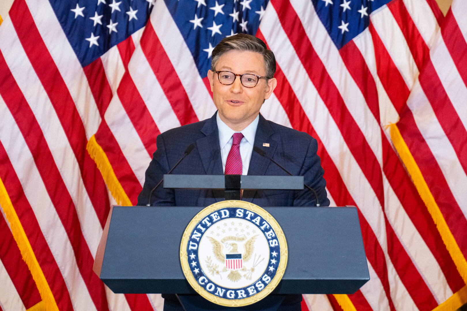 Speaker Mike Johnson, R-La., speaks during the Hidden Figures Congressional Gold Medal ceremony in Emancipation Hall in the Capitol on Wednesday. 