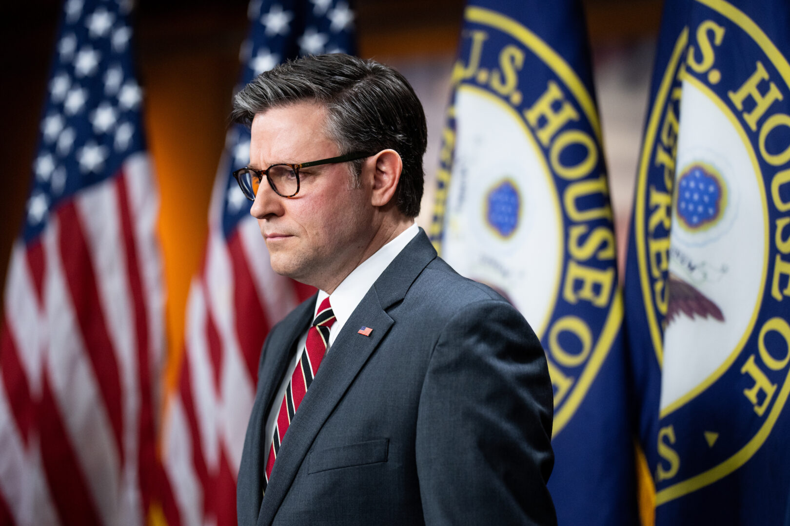 Speaker Mike Johnson, R-La., pictured at a news conference after Republicans' weekly conference meeting in the Capitol on Wednesday, Feb. 14, 2024. 