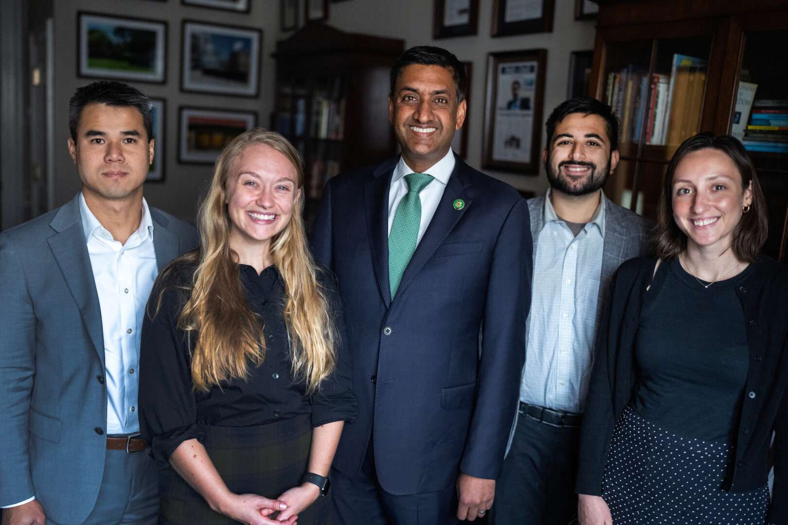 Rep. Ro Khanna, center, won an award for workplace culture this summer. Above, he poses in the Cannon Building on Tuesday with some of his aides: from left, Ky Ban, Emma Preston, Abhay Dewan and Marie Baldassarre.