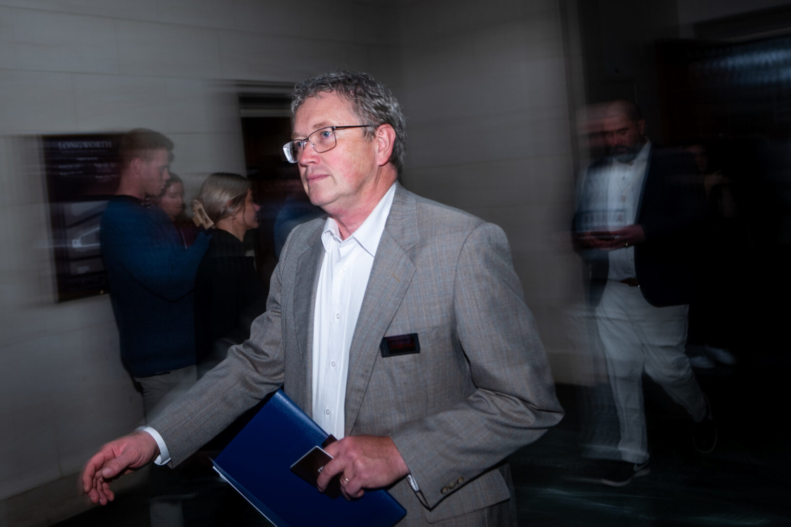 Rep. Thomas Massie, R-Ky., leaves the House Republicans’ caucus meeting in the Longworth House Office Building on  Oct. 13, 2023. 