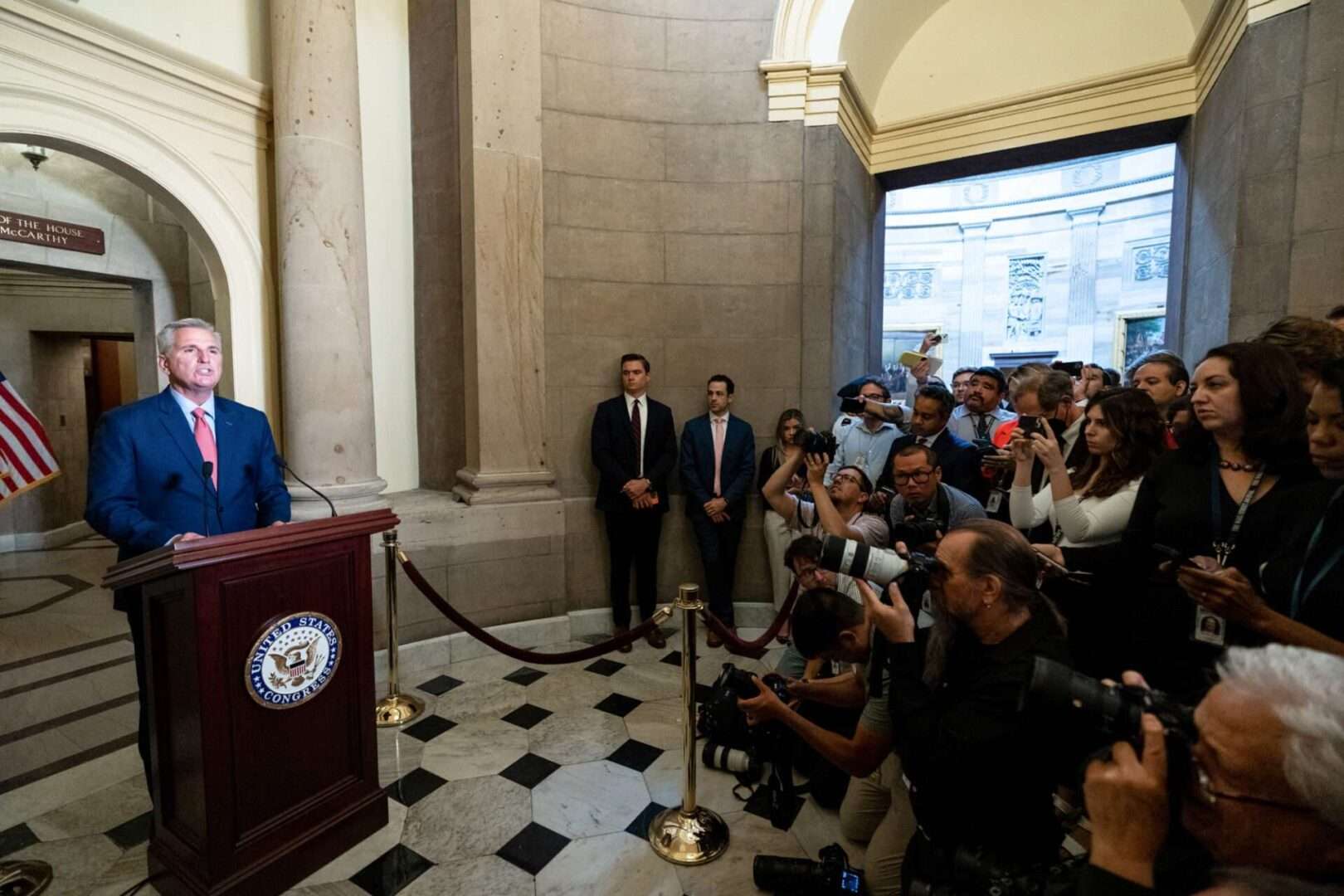 Speaker Kevin McCarthy, R-Calif., announces he is directing the House to open a formal impeachment inquiry into President Joe Biden on Tuesday. (Bill Clark/CQ Roll Call)