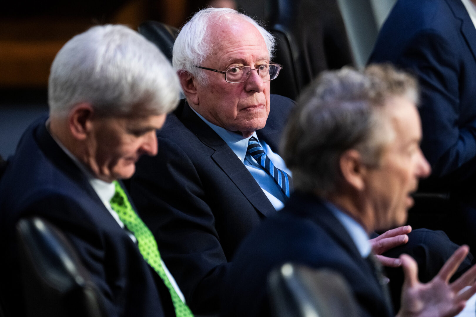 Sen. Rand Paul, R-Ky., right, Chairman Sen. Bernie Sanders, I-Vt., center, and ranking member Sen. Bill Cassidy, R-La., during a hearing of the Senate Health, Education, Labor and Pensions Committee. The committee will vote next week on whether to hold the CEO of Steward Health Care in contempt for refusing a subpoena.