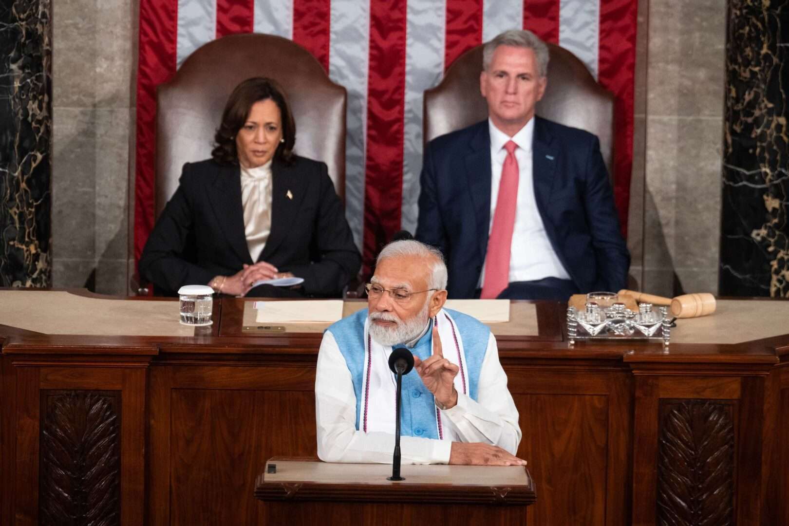 Prime Minister Narendra Modi of India addresses a joint meeting of Congress in the House chamber as Vice President Kamala Harris and Speaker Kevin McCarthy look on Thursday.