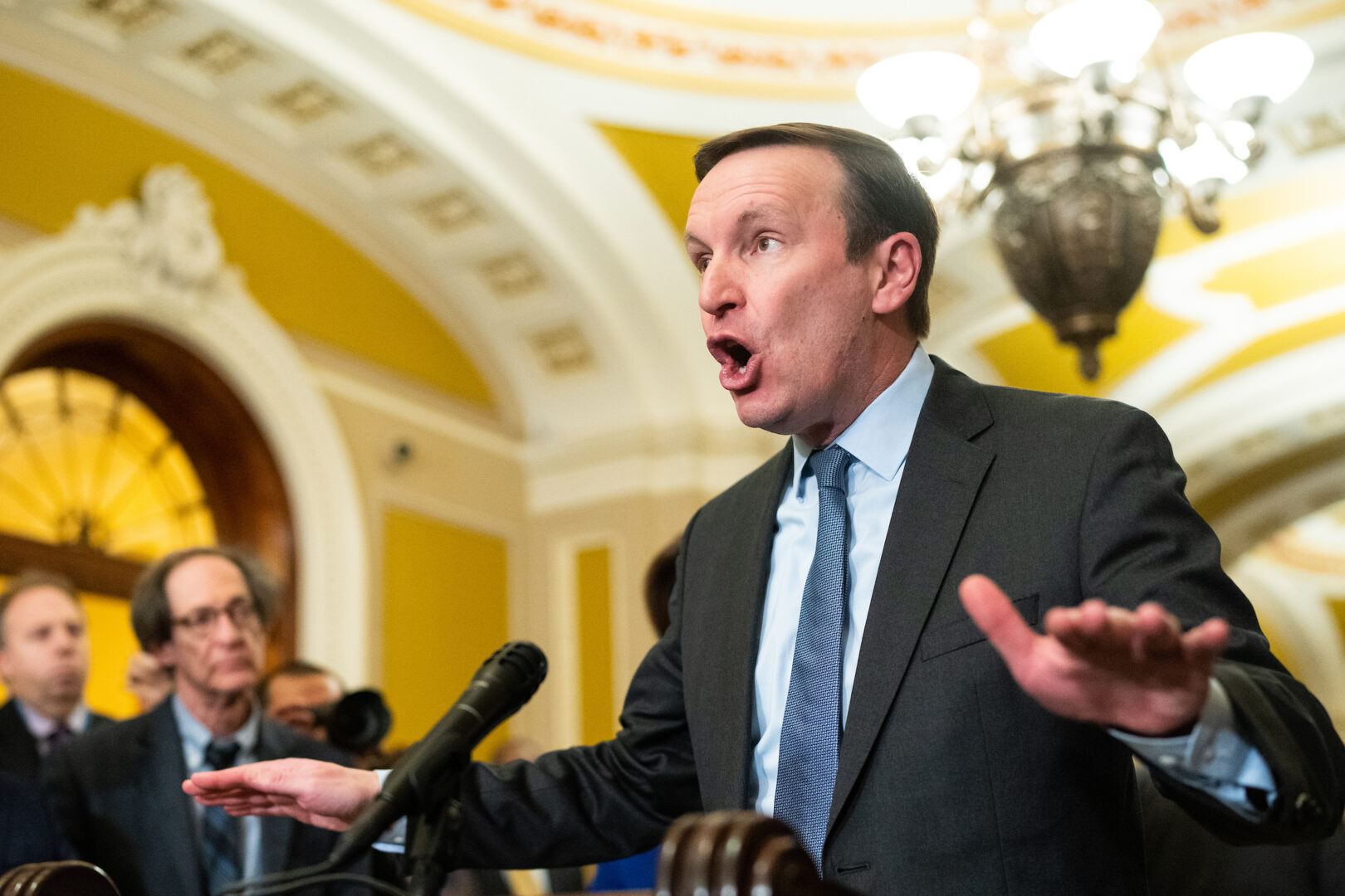 Sen. Christopher S.  Murphy, D-Conn., speaks about Republicans abandoning the bipartisan border deal during a Feb. 6 press conference.