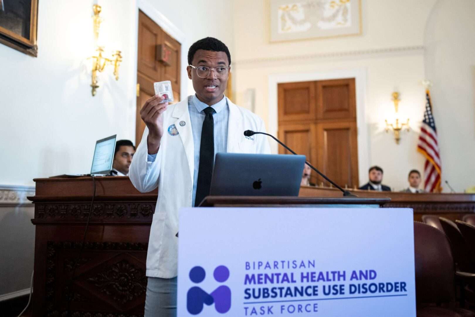 Georgetown medical student Perry Diaz speaks during a naloxone training offered to congressional staffers by the Bipartisan Mental Health and Substance Use Disorder Task Force on Wednesday. 