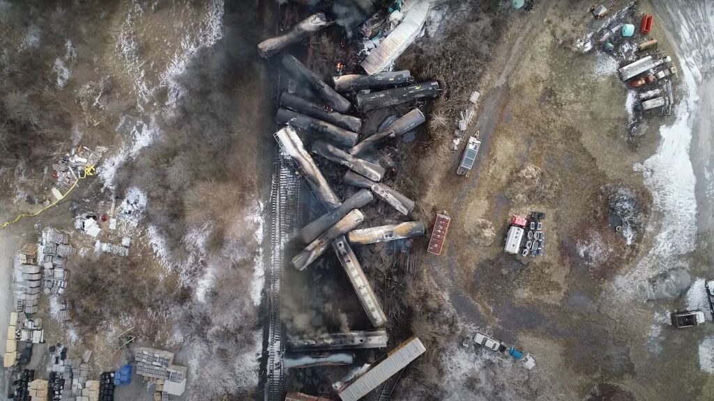 A video screenshot released by the National Transportation Safety Board shows the site of a derailed freight train in East Palestine, Ohio.