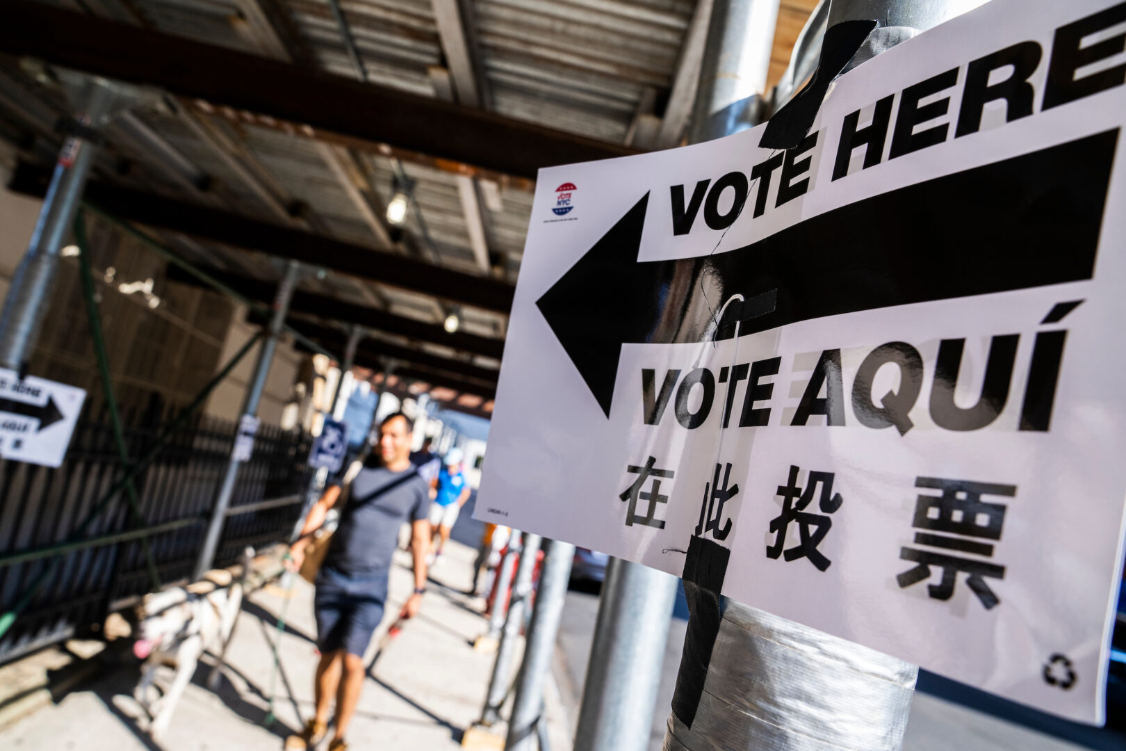 Generative AI has the potential to change American elections, experts warn. Above, a voting sign is seen at a polling place in the Park Slope neighborhood of Brooklyn, N.Y., in 2022. 