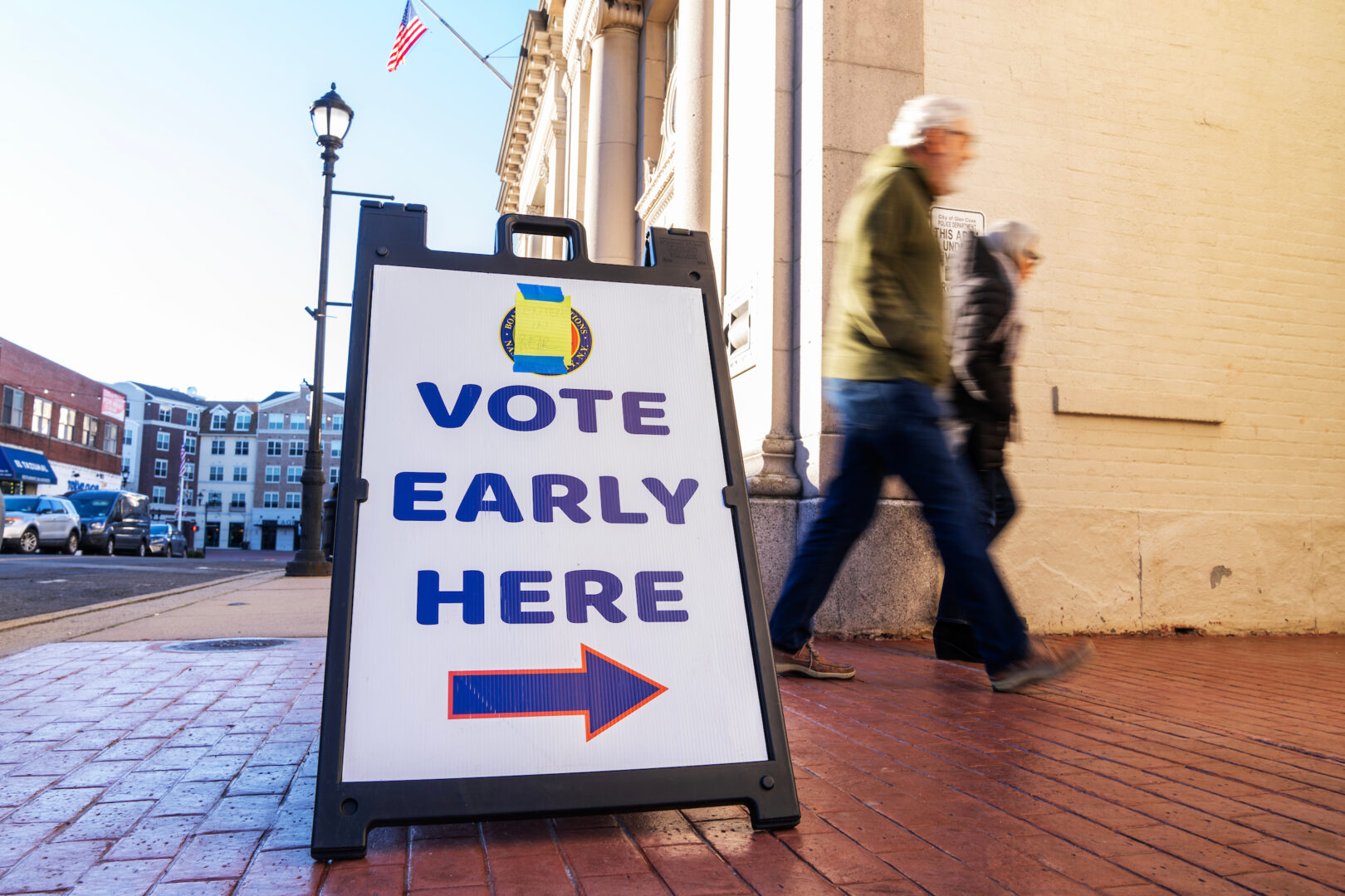 A voting sign is seen outside City Hall for New York’s 3rd District special election in Glen Cove, N.Y., on Feb. 4.