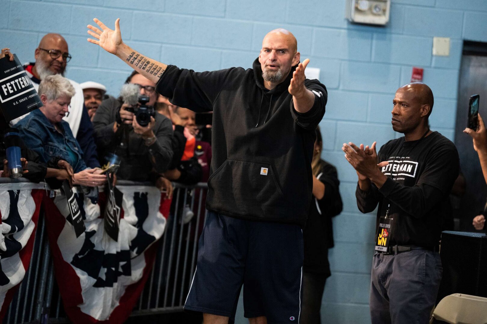 Democratic Senate nominee John Fetterman arrives for a rally in Philadelphia on Saturday. Polls show Fetterman leading GOP nominee Mehmet Oz, and  Democrats are showing growing confidence about the race, Rothenberg writes. 