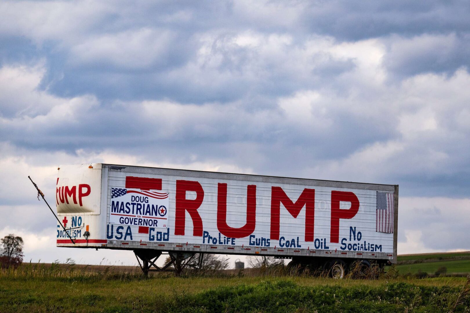 A trailer with messages supporting former President Donald Trump and Doug Mastriano, Republican nominee for governor of Pennsylvania, is seen last month along I-76 in western Pennsylvania. 