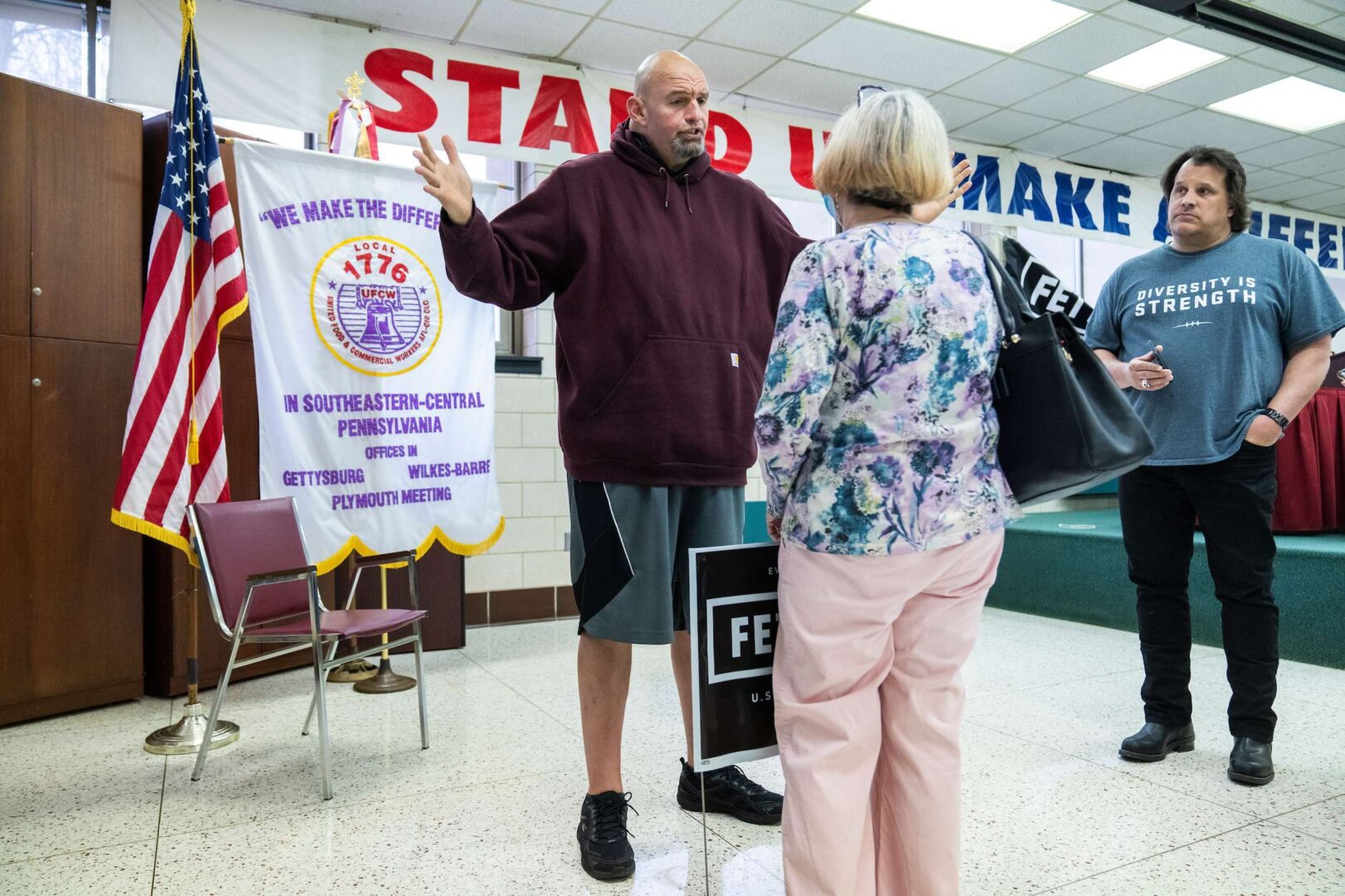 Lt. Gov. John Fetterman, D-Pa., speaks with guests during a rally at the UFCW Local 1776 KS headquarters in Plymouth Meeting, Pa., in April. 