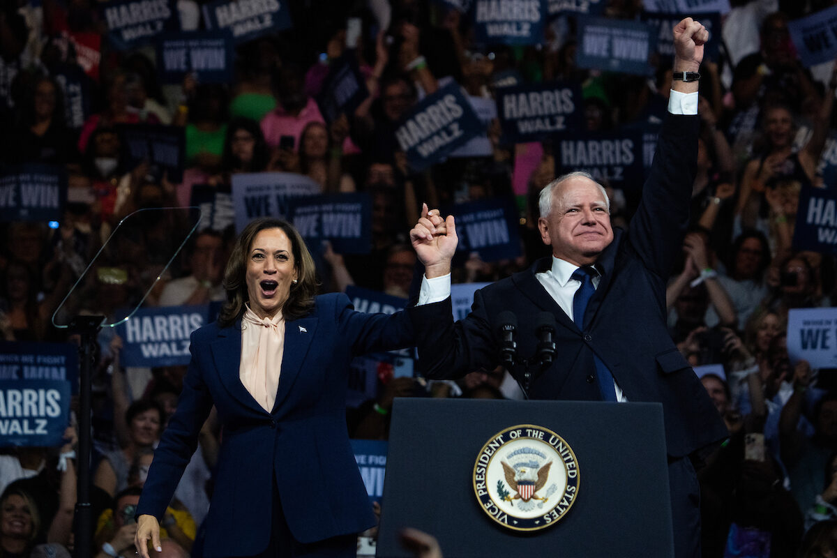 Vice President Kamala Harris, Democratic nominee for president, and her running mate Minnesota Gov. Tim Walz, address a rally to kick off their campaign at the Liacouras Center in Philadelphia on Aug. 6.