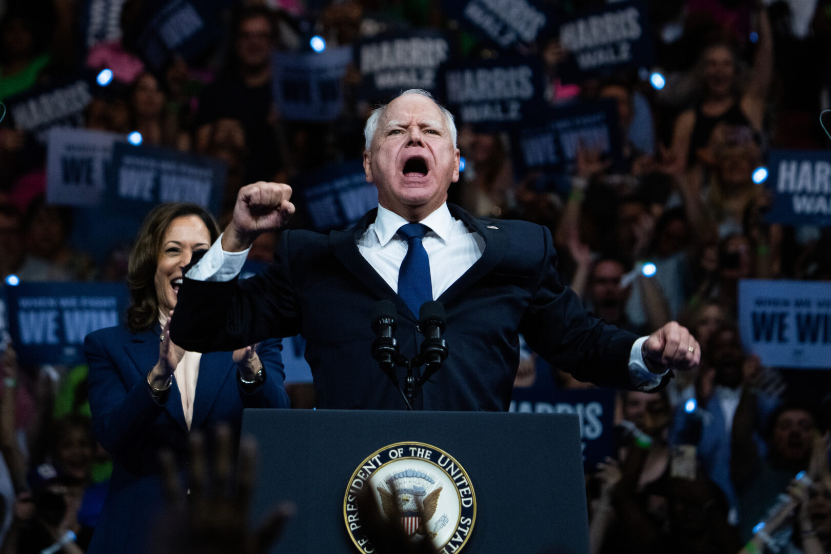 Minnesota Gov. Tim Walz, the running mate of Vice President Kamala Harris, Democratic nominee for president, speaks during a rally to kick off their campaign at the Liacouras Center in Philadelphia on Aug. 6. 