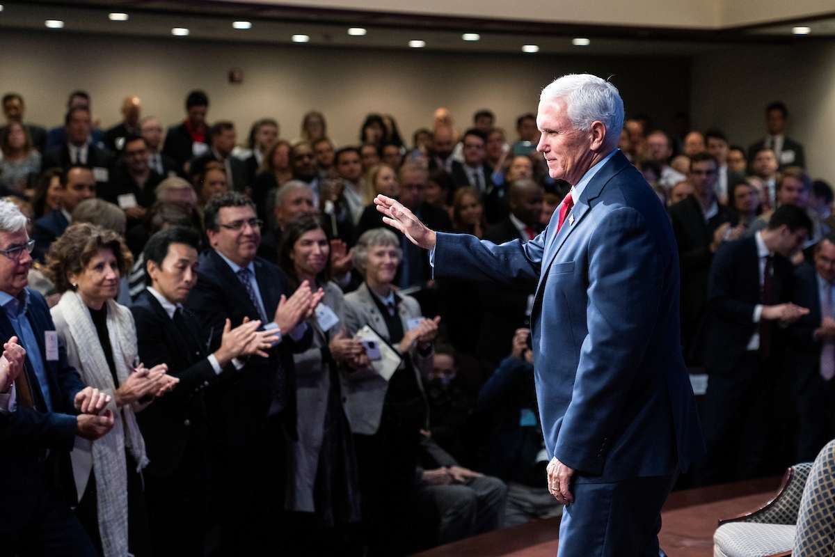 Former Vice President Mike Pence acknowledges the crowd after a speech at The Heritage Foundation in October. Pence is running for president at a time former President Donald Trump is dominating media coverage and enjoys a high degree of loyalty among Republicans. 