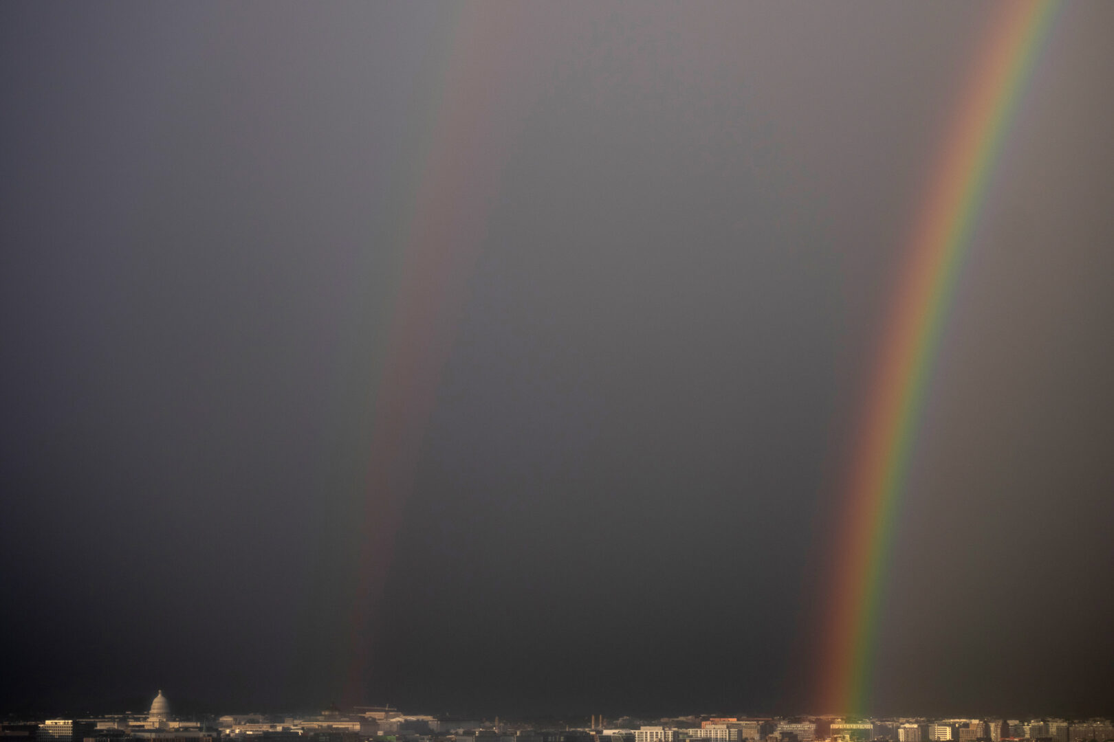 A double rainbow appears over Washington on Saturday evening.