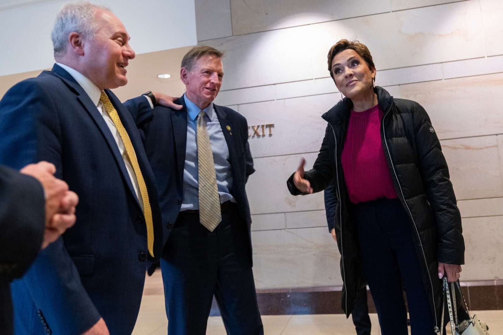 Kari Lake, former Republican candidate for Arizona governor, talks with House Majority Leader Steve Scalise, R-La., left, and Rep. Paul Gosar, R-Ariz., after the National Prayer Breakfast in the Capitol Visitor Center on February 2, 2023. 