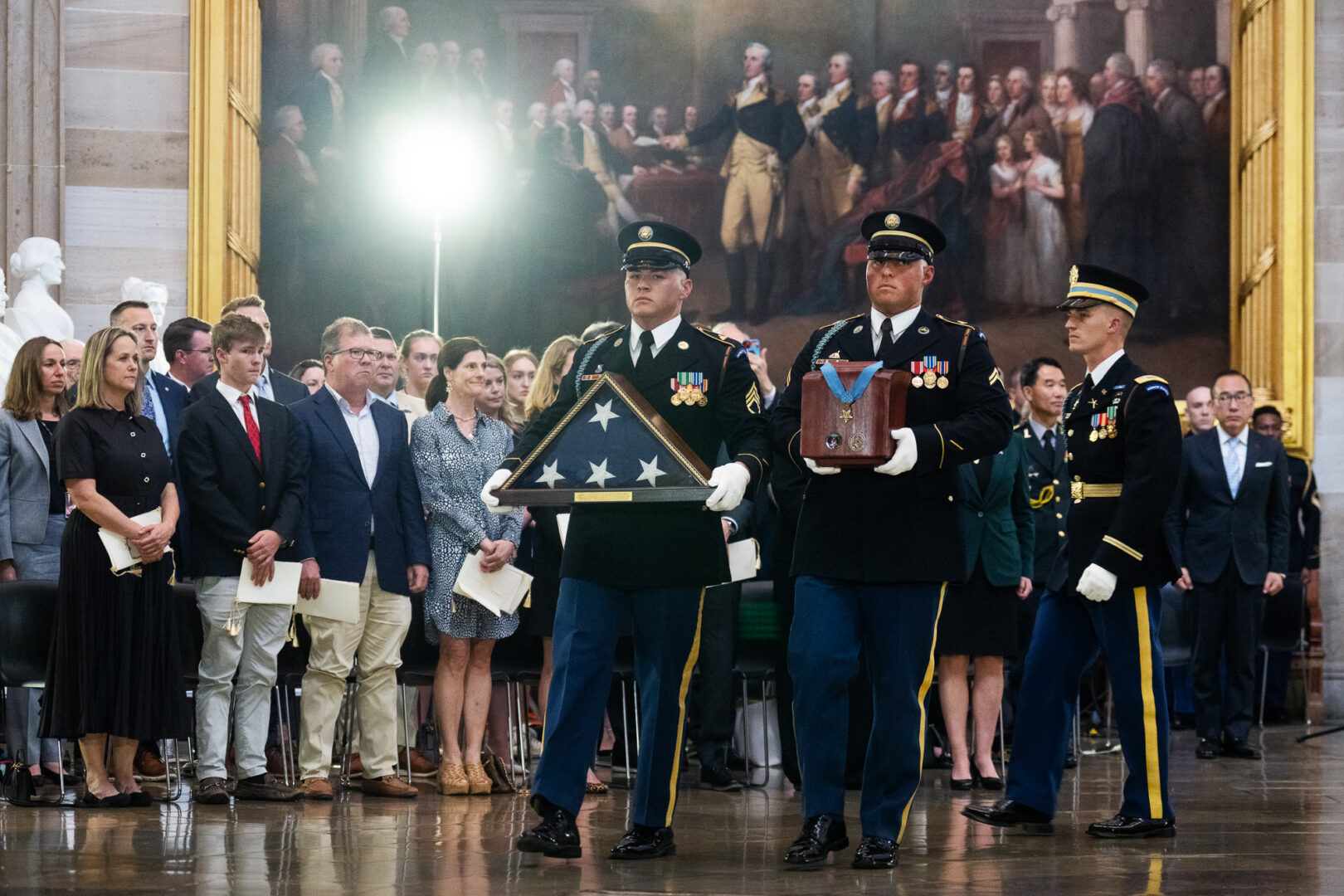 The remains of Army Col. Ralph Puckett Jr., who was the last surviving Korean War Medal of Honor recipient before his death, are carried into the Capitol rotunda to lie in honor on Monday. (Tom Williams/CQ Roll Call)