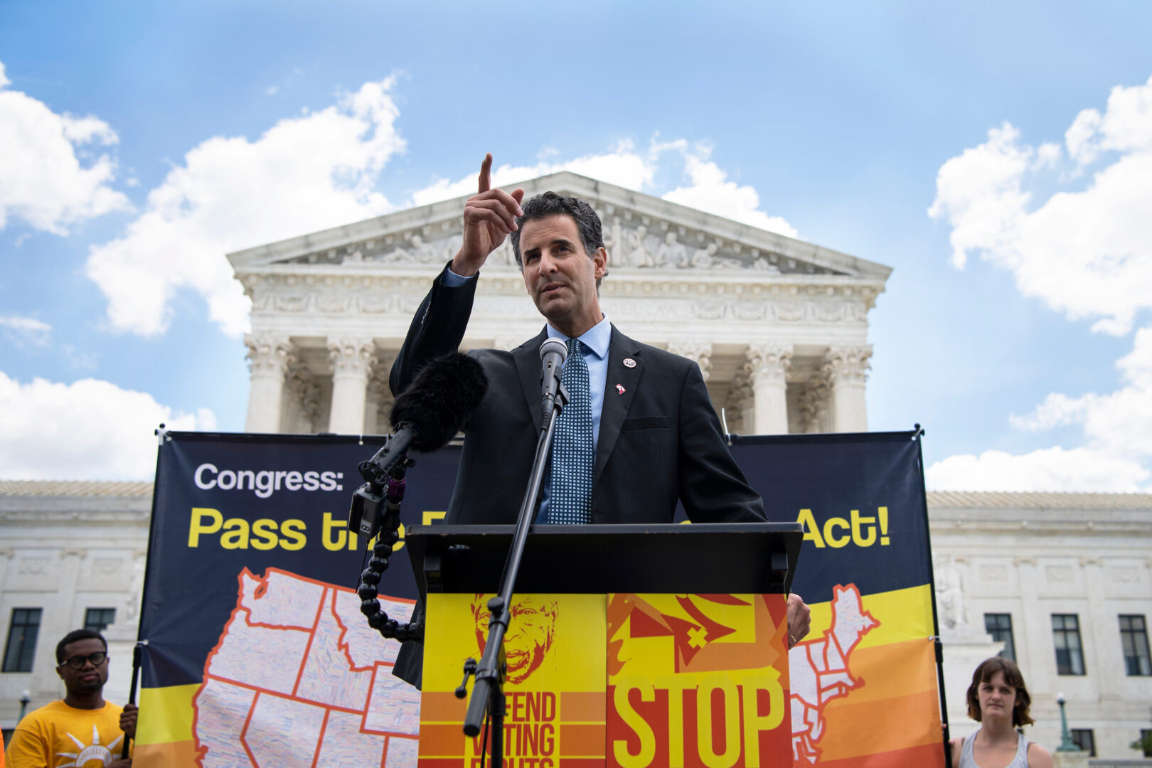 Rep. John Sarbanes, D-Md., speaks at a 2021 rally in support of his proposal to overhaul voting access and money in politics. He has been “toiling in those vineyards” for years, he says now.