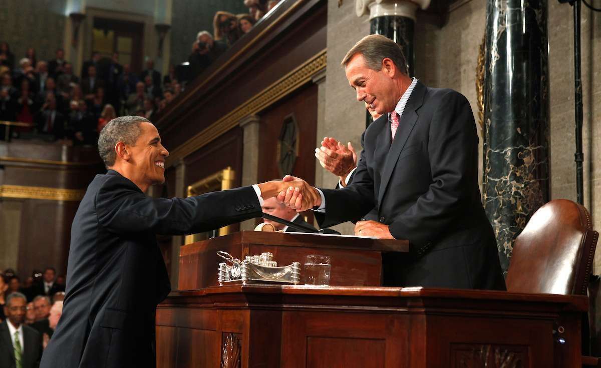 Speaker John Boehner shakes hands with President Barack Obama before Obama addressed a joint session of Congress on Sept. 8, 2011.        