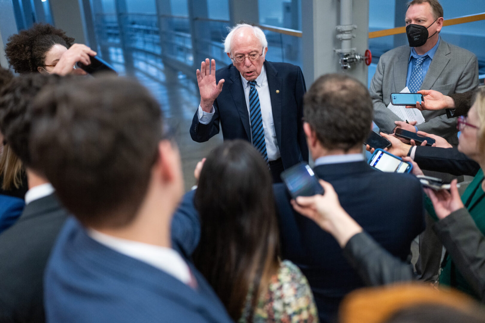 Sen. Bernie Sanders speaks to reporters about the legislation to avert a rail workers strike on Wednesday.