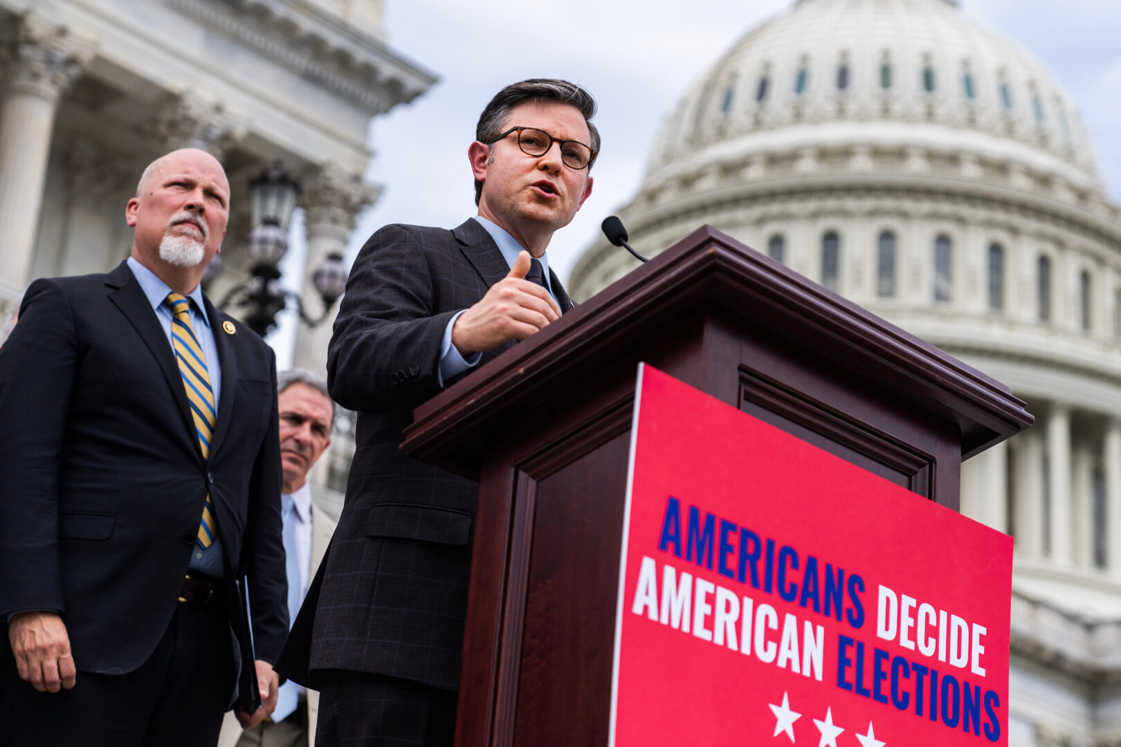 Speaker Mike Johnson and Rep. Chip Roy hold a May 8 news conference on the House steps to unveil voting legislation they dubbed the SAVE Act. The bill saw committee action this week.