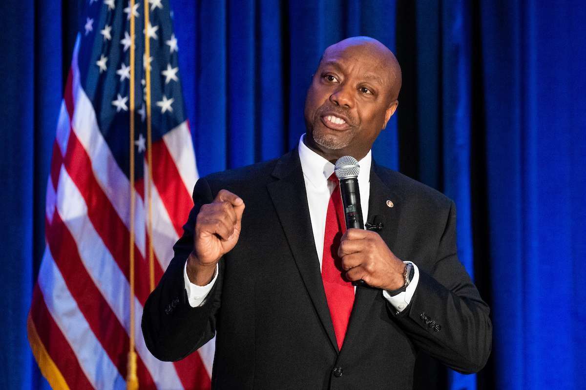 Sen. Tim Scott, R-S.C., delivers the keynote address at the Charleston County GOP Black History Month Banquet at the Citadel Alumni Center in Charleston, S.C., on Feb. 16. 