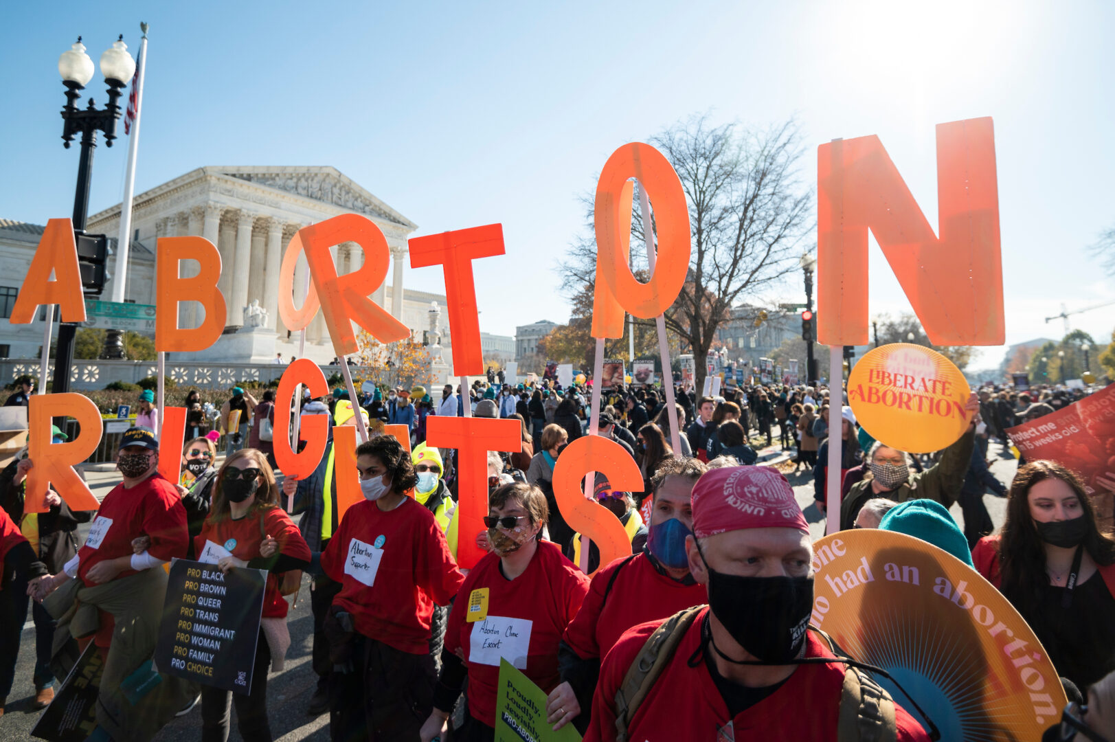 Abortion rights activists protest as oral arguments in Dobbs v. Jackson Women’s Health Organization are held on Dec. 1, 2021.