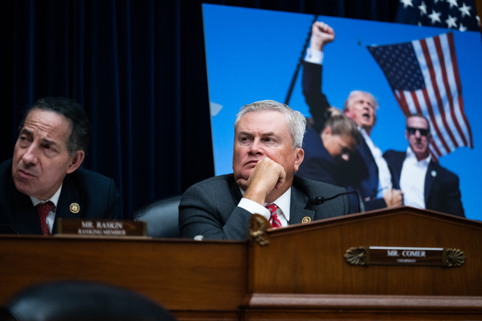 House Oversight Chairman James R. Comer, R-Ky., and ranking member Jamie Raskin, D-Md., listen during a Secret Service oversight hearing Monday on the attempted assassination of former President Donald Trump.