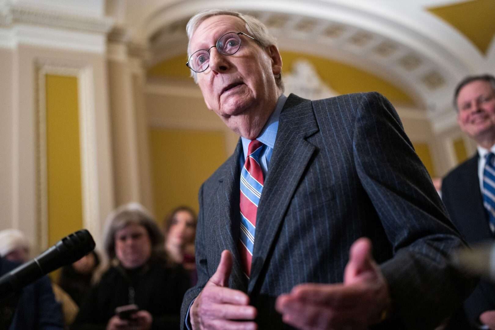 Senate Minority Leader Mitch McConnell, R-Ky., conducts a news conference in the Capitol after the Senate luncheons on Jan. 24. 