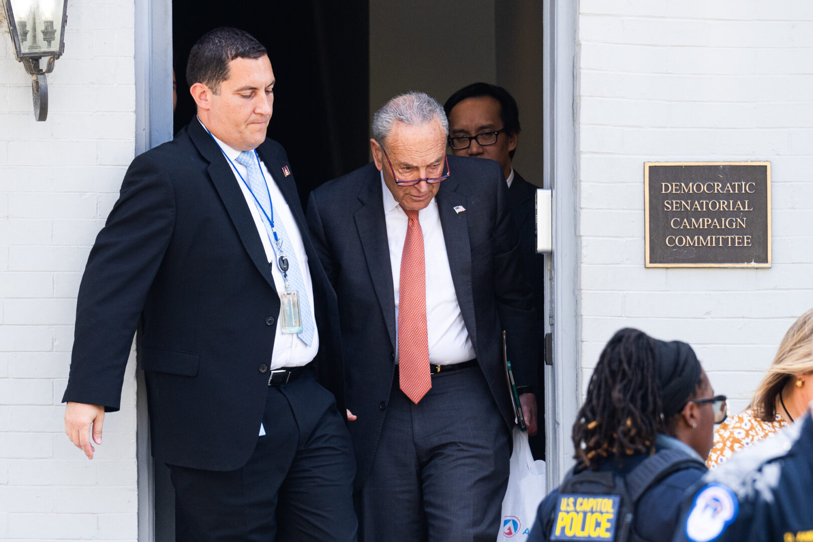 Senate Majority Leader Charles E. Schumer, D-N.Y., leaves Senate Democrats’ meeting with Biden campaign officials at the Democratic Senatorial Campaign Committee headquarters on Thursday. 