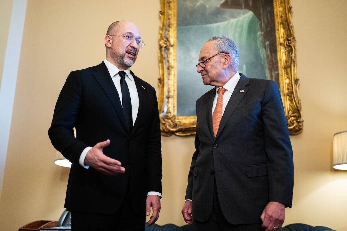 Ukrainian Prime Minister Denys Shmyhal, left, and Senate Majority Leader Charles E. Schumer, D-N.Y., conduct a photo op before a meeting in the Capitol on Thursday.