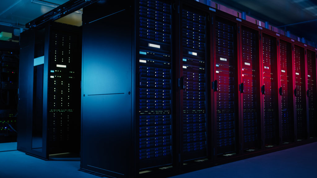 Shot of Data Center With Multiple Rows of Fully Operational Server Racks