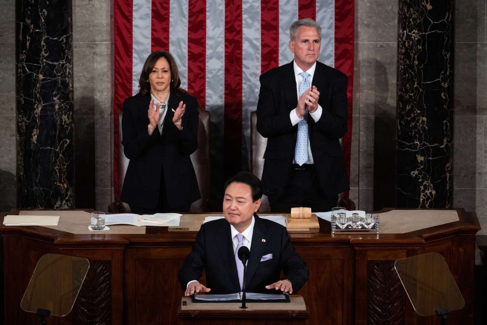 South Korean President Yoon Suk Yeol addresses a joint meeting of Congress Thursday.