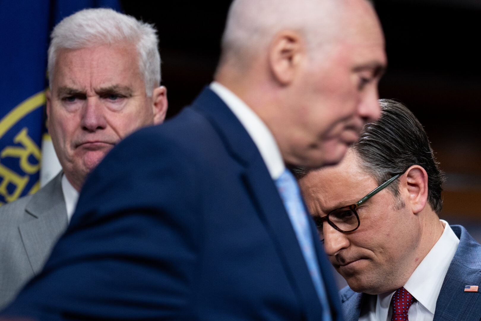 From left, House Majority Whip Tom Emmer, R-Minn., House Majority Leader Steve Scalise, R-La., and Speaker Mike Johnson, R-La., participate in a news conference following a House Republican Conference meeting in the Capitol on Tuesday. 